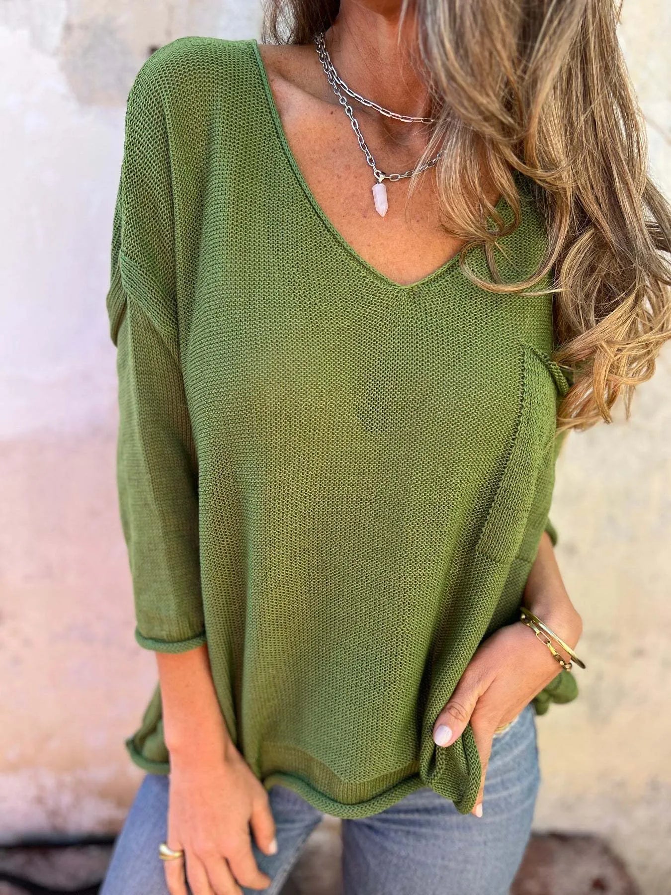 Full Size Casual V - Neck Knit Sweater Plus Size - Salt & Stone