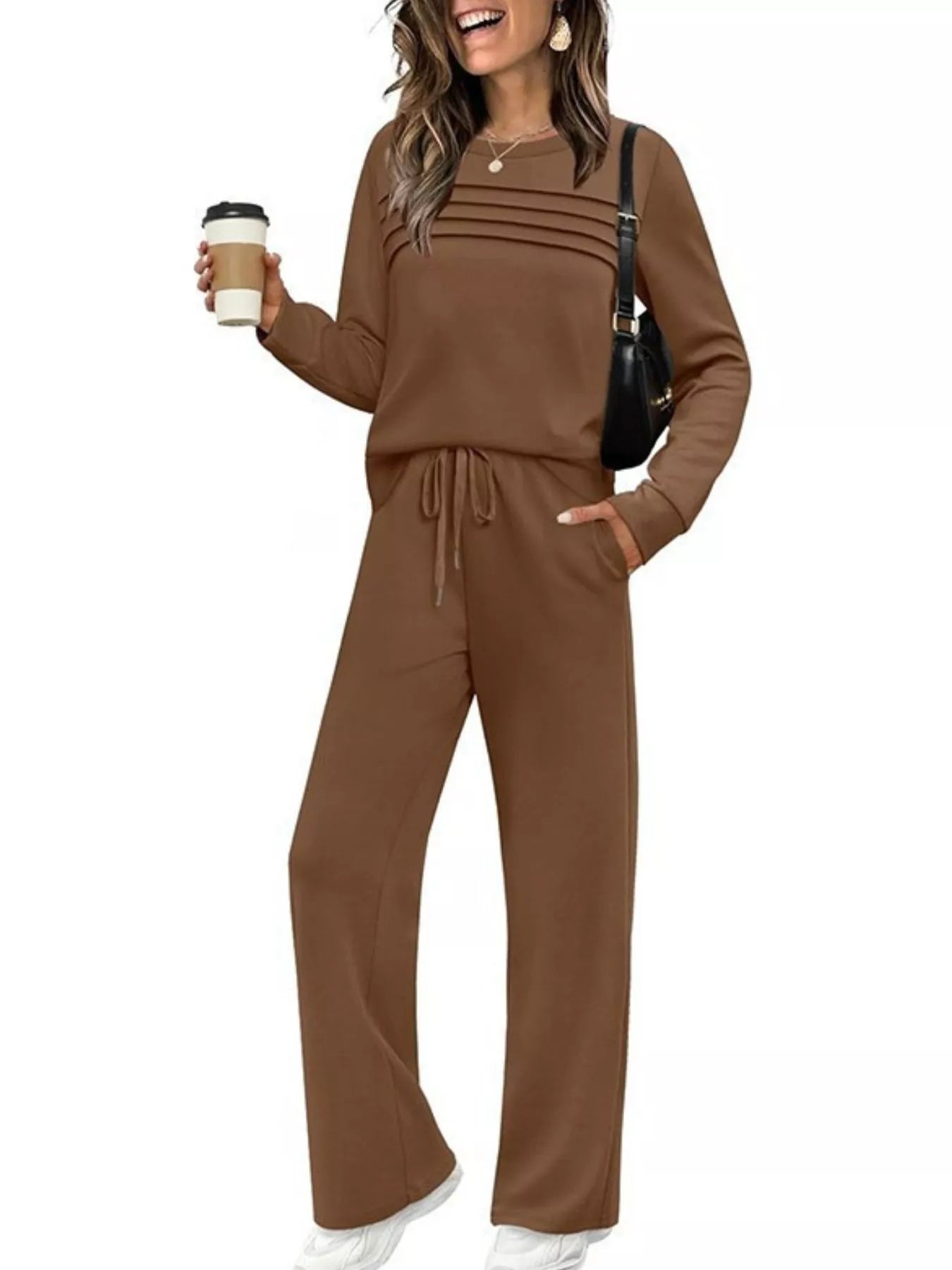 Full Size Long Sleeve Round Neck Top and Pants Set Plus Size - Salt & Stone
