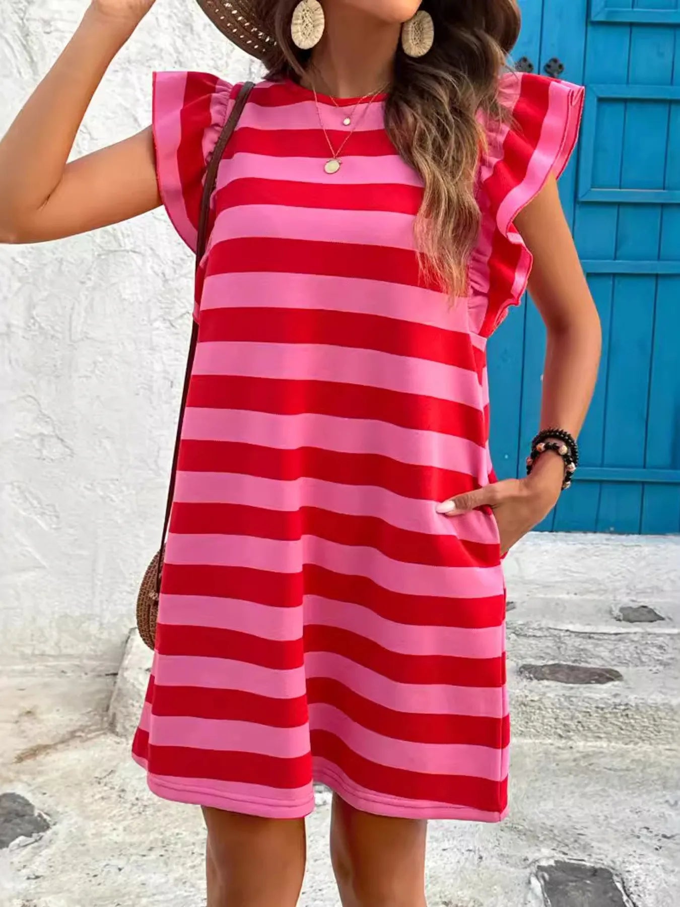 Striped Ruffle Sleeve Casual Summer Dress - Salt & Stone