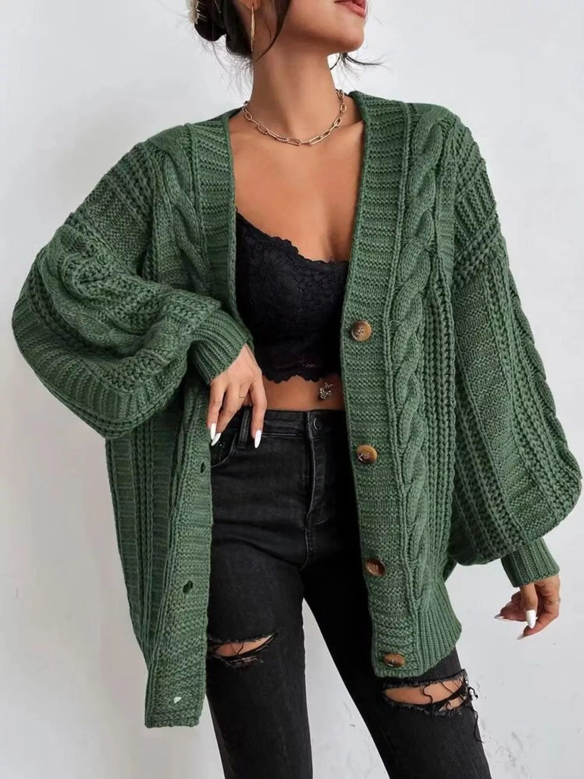 Chunky Knit Cable Knit Button-Up Cardigan - Salt & Stone