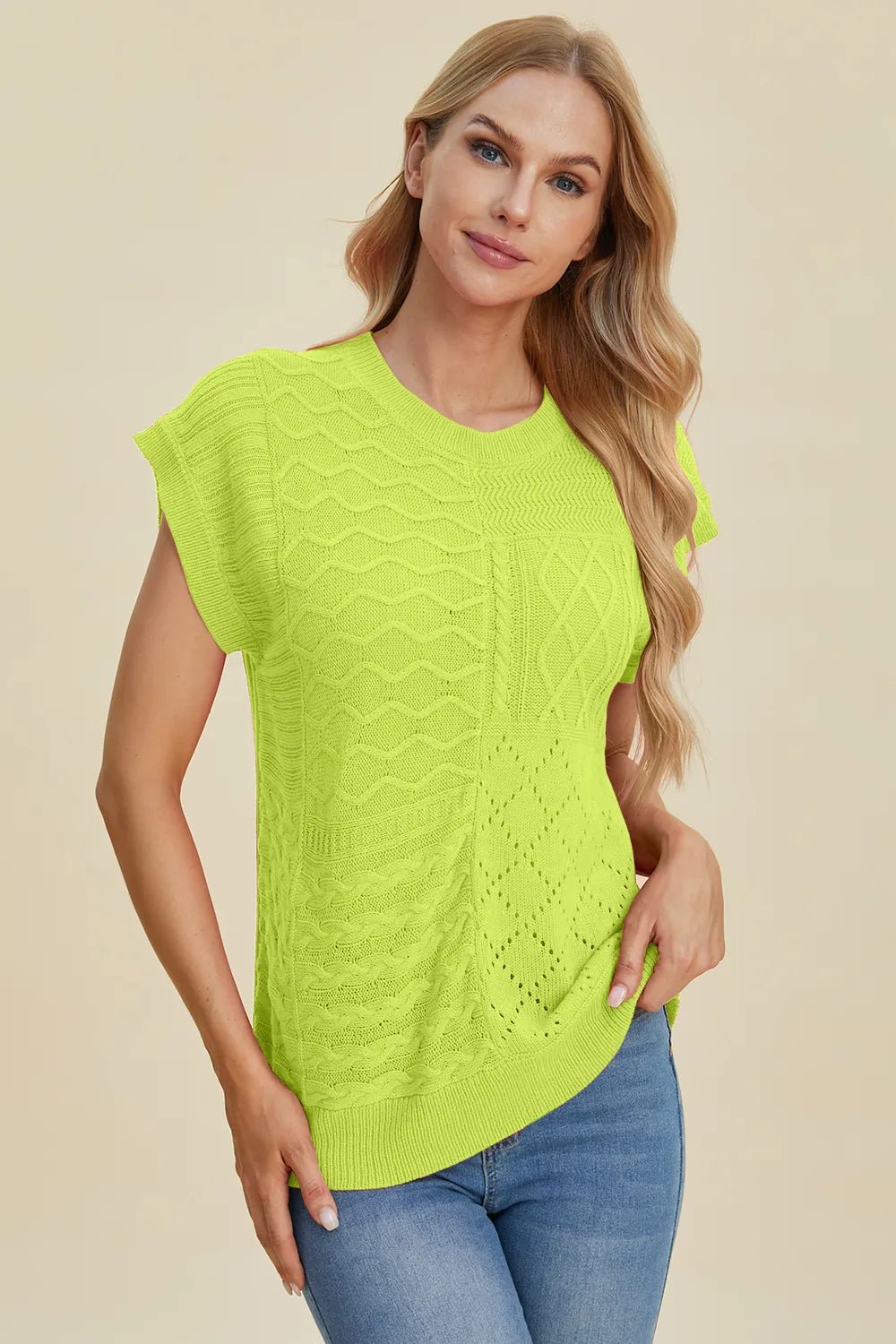 Double Take Full Size Cable - Knit Round Neck Cap Sleeve Sweater - Salt & Stone
