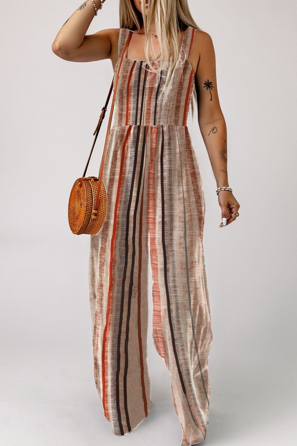 Stripe Square Neck Sleeveless Smocked Bodice Wide Leg Jumpsuit - Salt & Stone