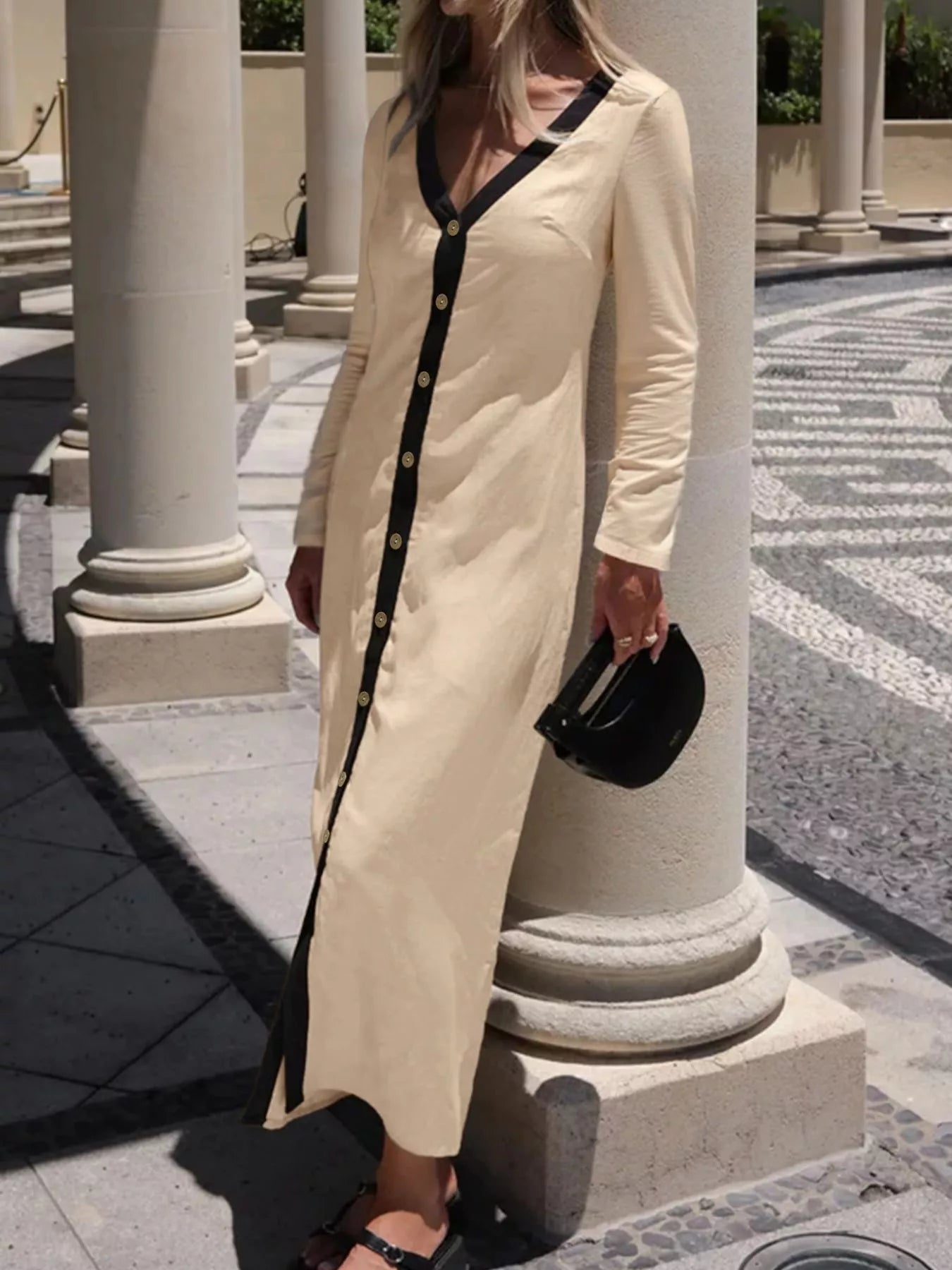 Contrast Trim Button - Down Midi Dress - Salt & Stone