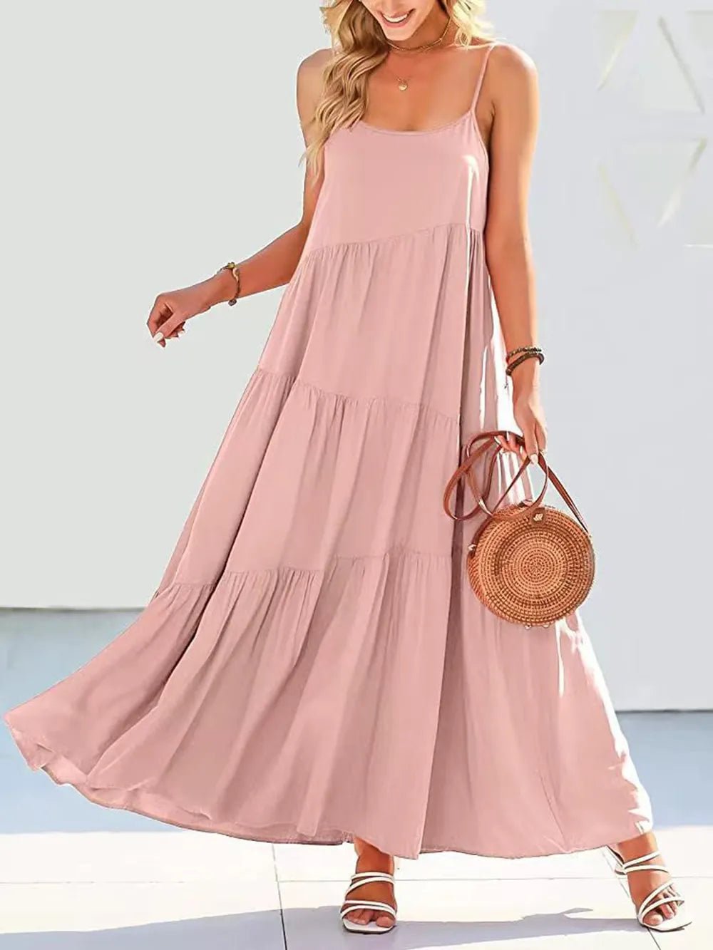 Full Size Ruched Tiered Spaghetti Strap Dress - Salt & Stone