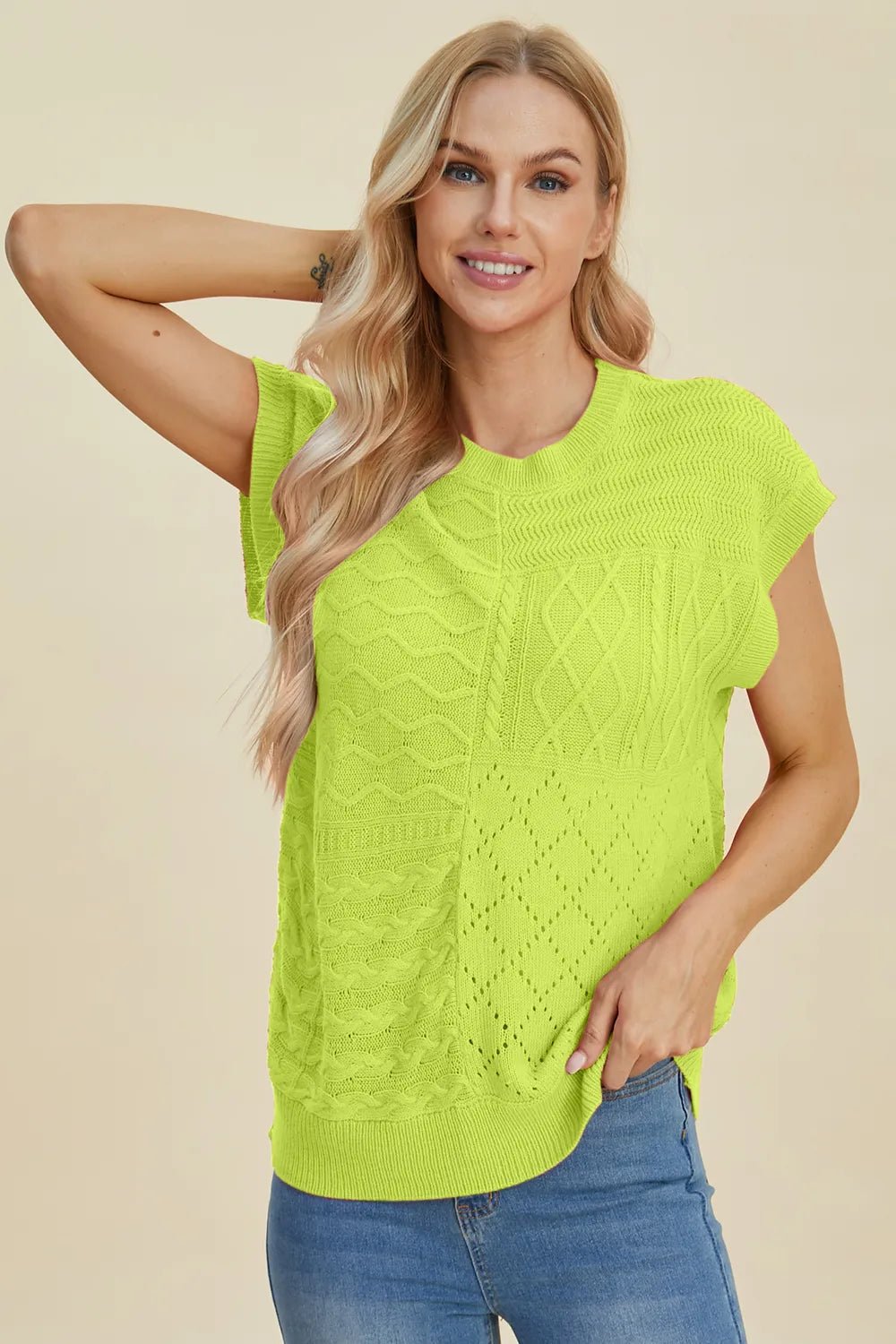 Double Take Full Size Cable - Knit Round Neck Cap Sleeve Sweater - Salt & Stone