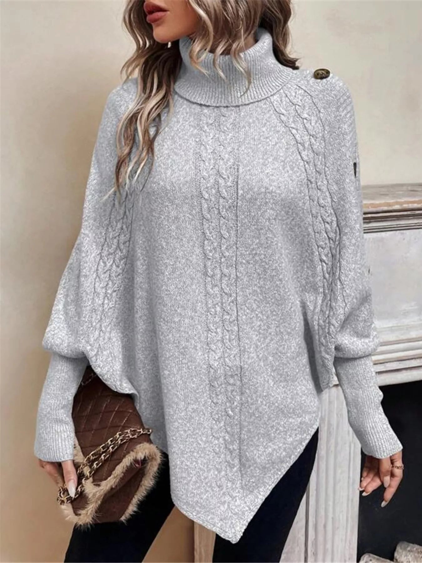 Cable Knit Turtleneck Cape Sweater - Salt & Stone