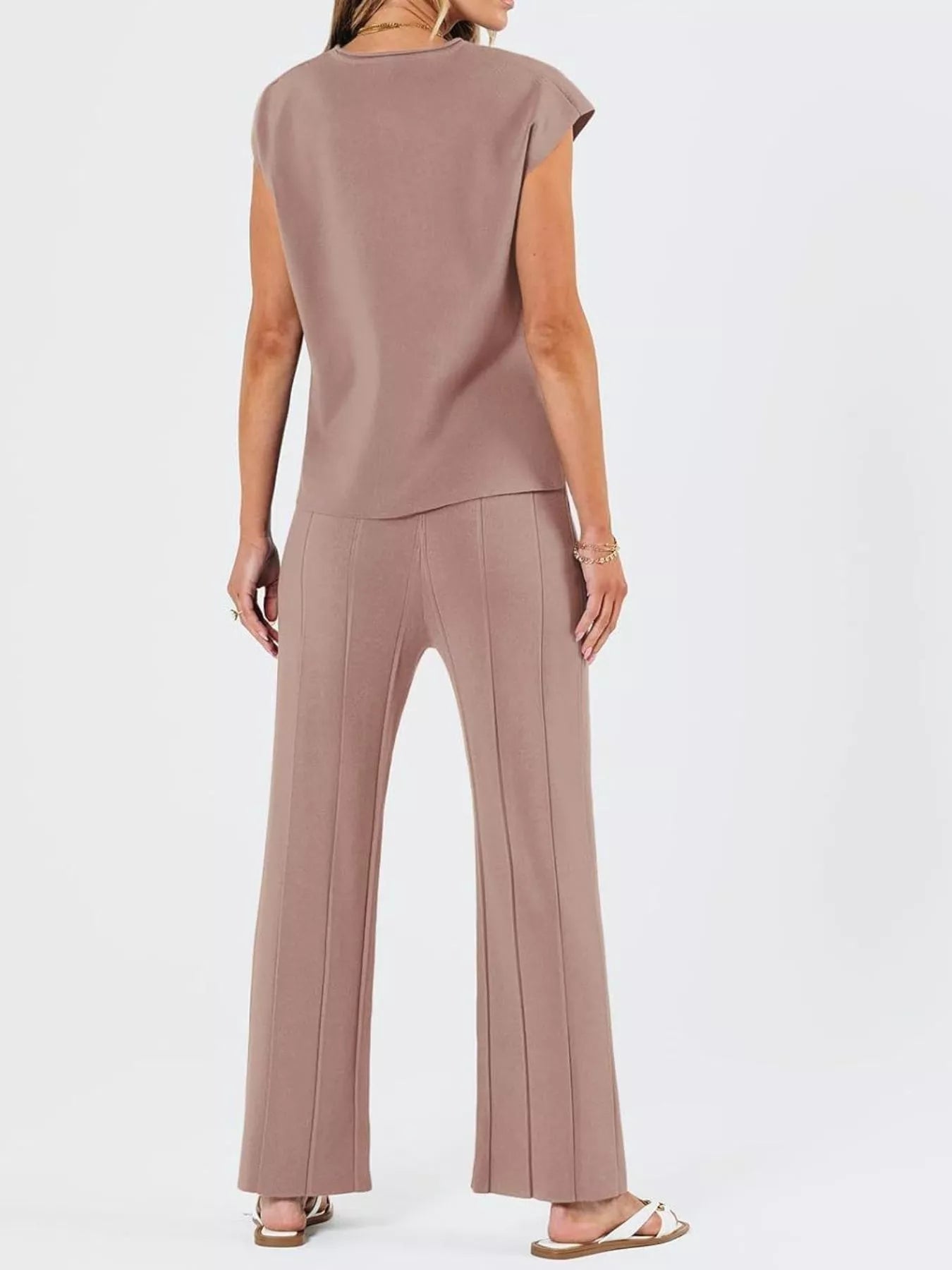 Casual Solid Color Cap Sleeve Top and Pants Knit Set - Salt & Stone