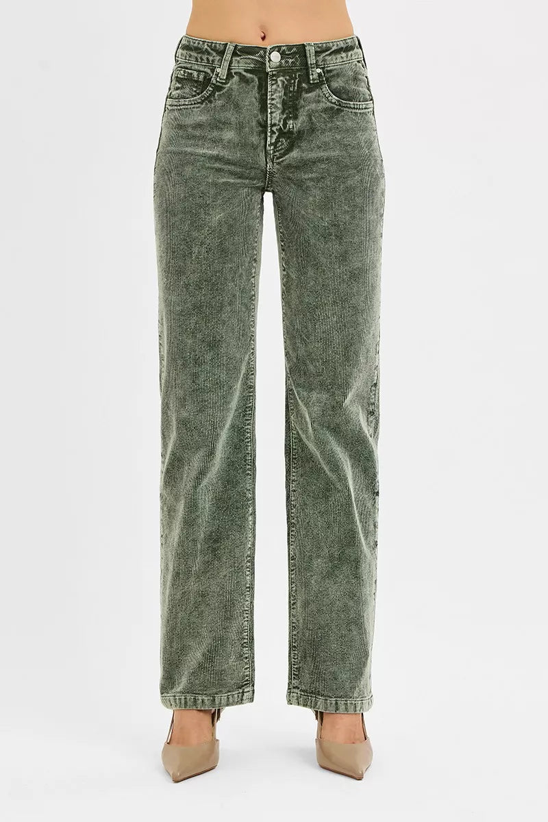 RISEN Tummy Control Mid Rise Straight Leg Corduroy Pants - Salt & Stone