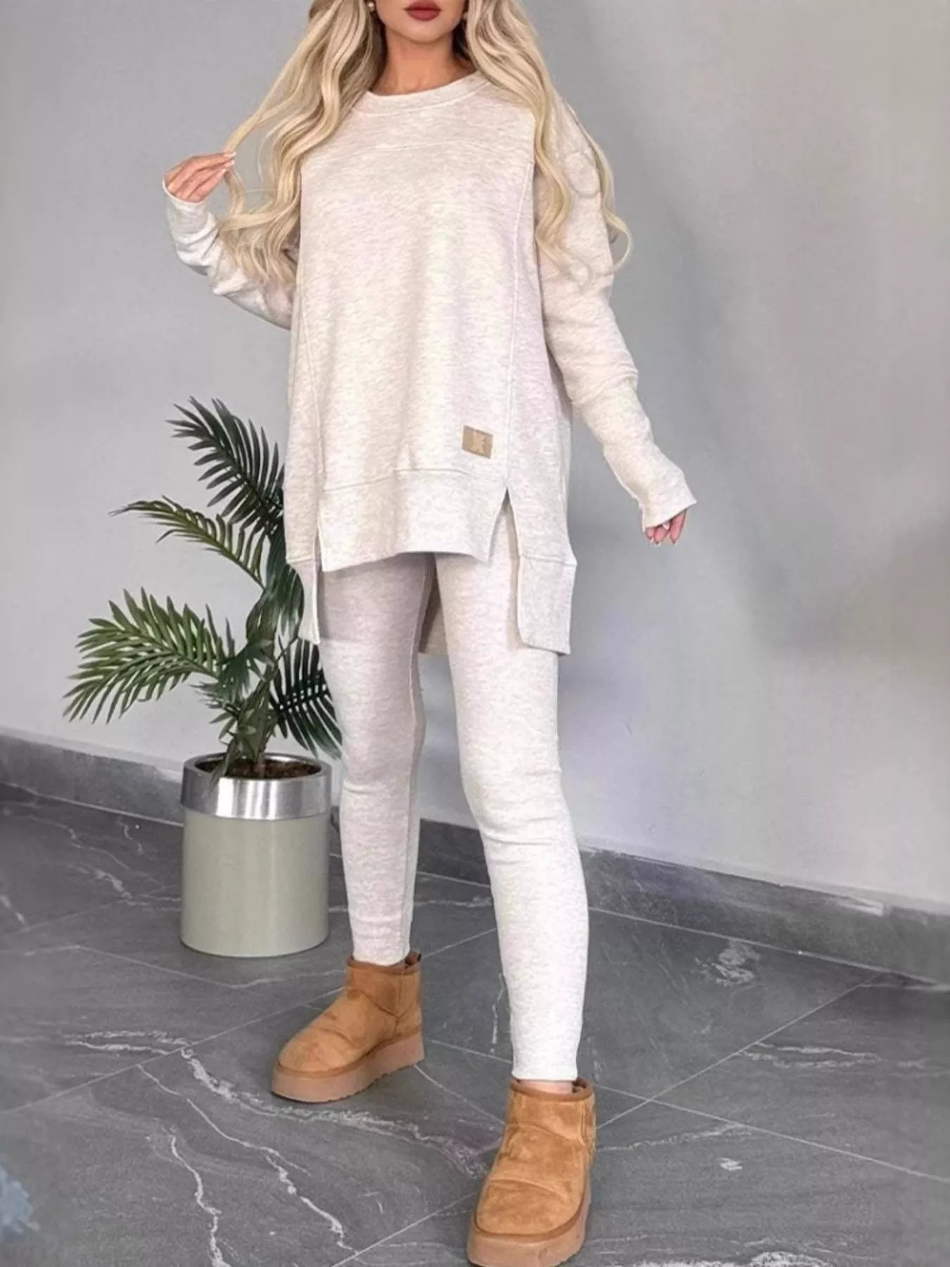 Full Size Slit Round Neck Top and Pants Set Plus Size - Salt & Stone