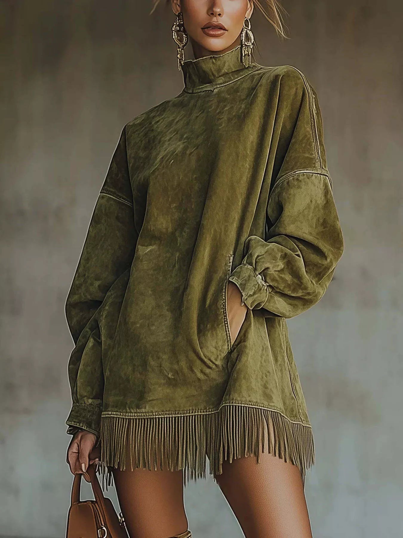Fringe Turtleneck Long Sleeve Dress - Salt & Stone