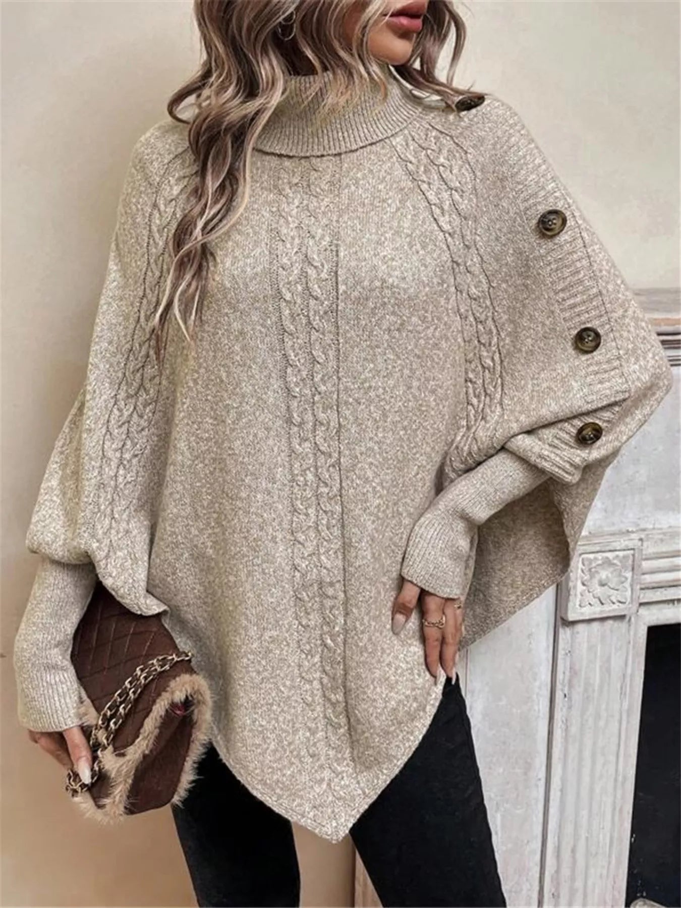 Cable Knit Turtleneck Cape Sweater - Salt & Stone