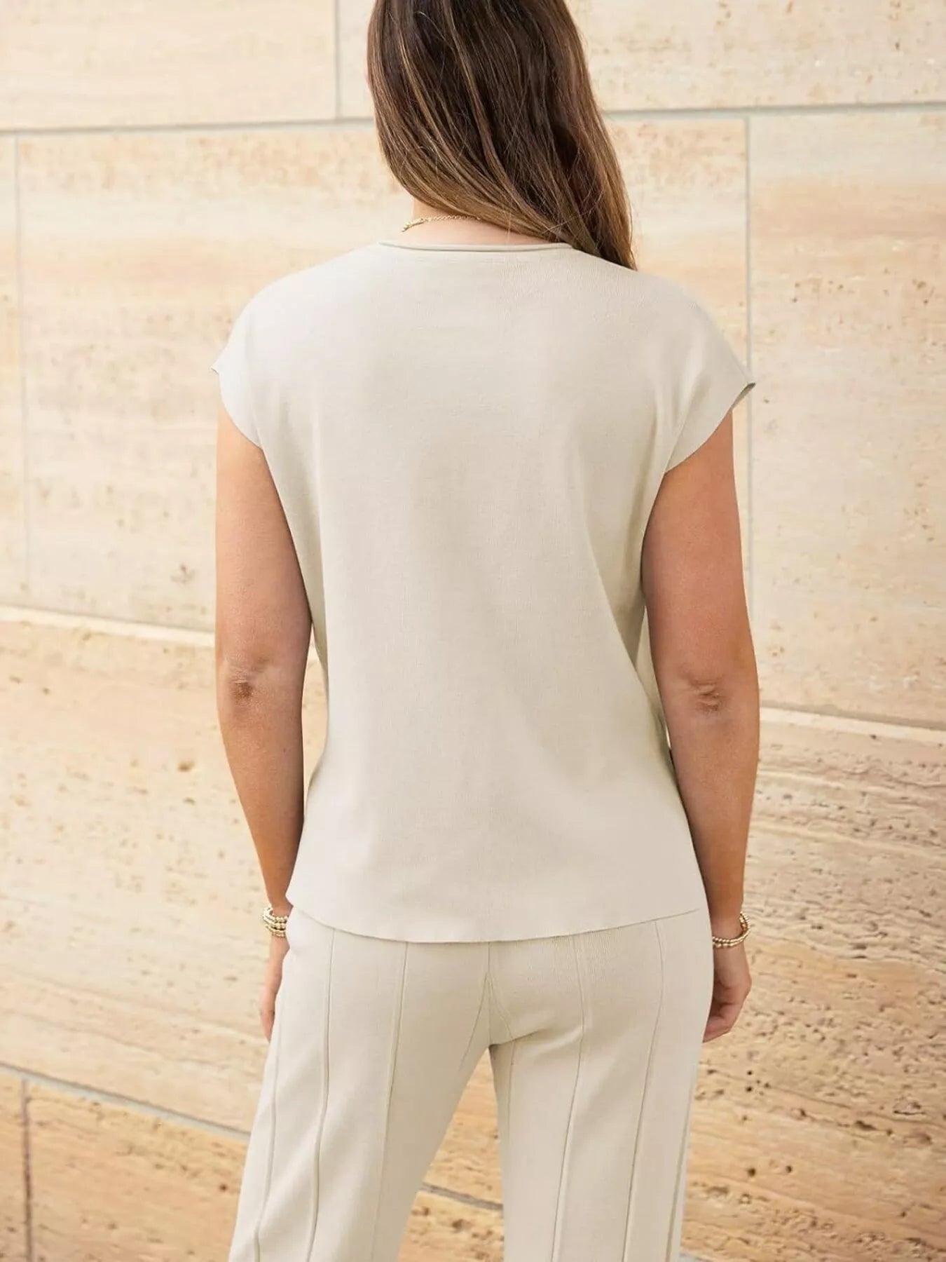 Casual Solid Color Cap Sleeve Top and Pants Knit Set - Salt & Stone