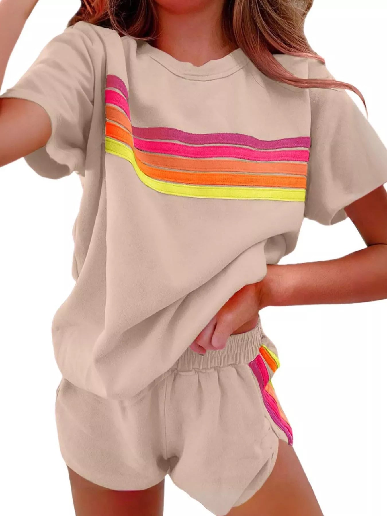 Rainbow Striped Round Neck Top and Shorts Set - Salt & Stone