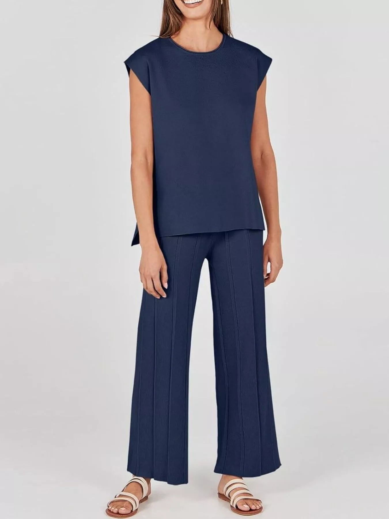 Casual Solid Color Cap Sleeve Top and Pants Knit Set - Salt & Stone