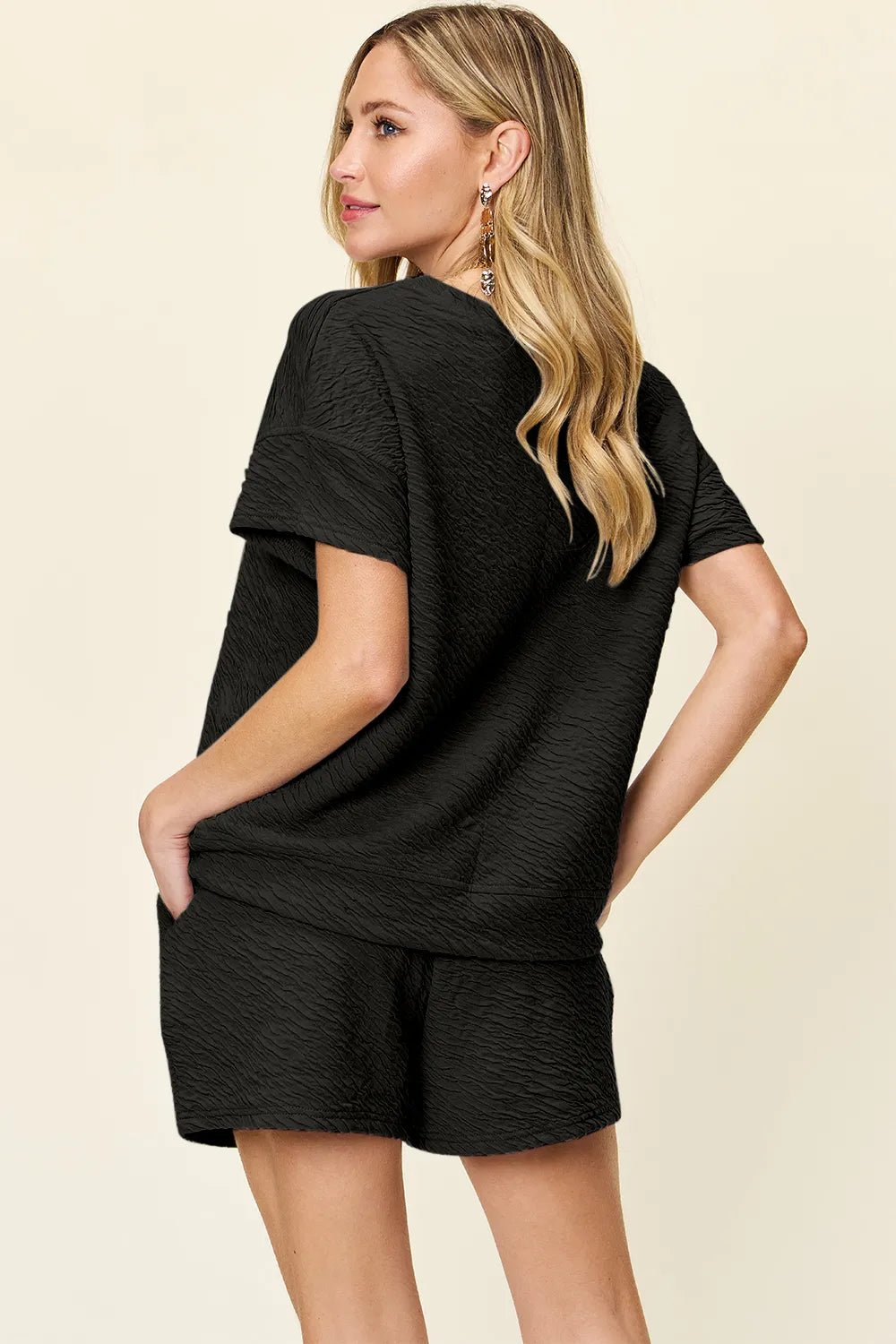 Double Take Full Size Texture Short Sleeve T-Shirt and Drawstring Shorts Set - Salt & Stone