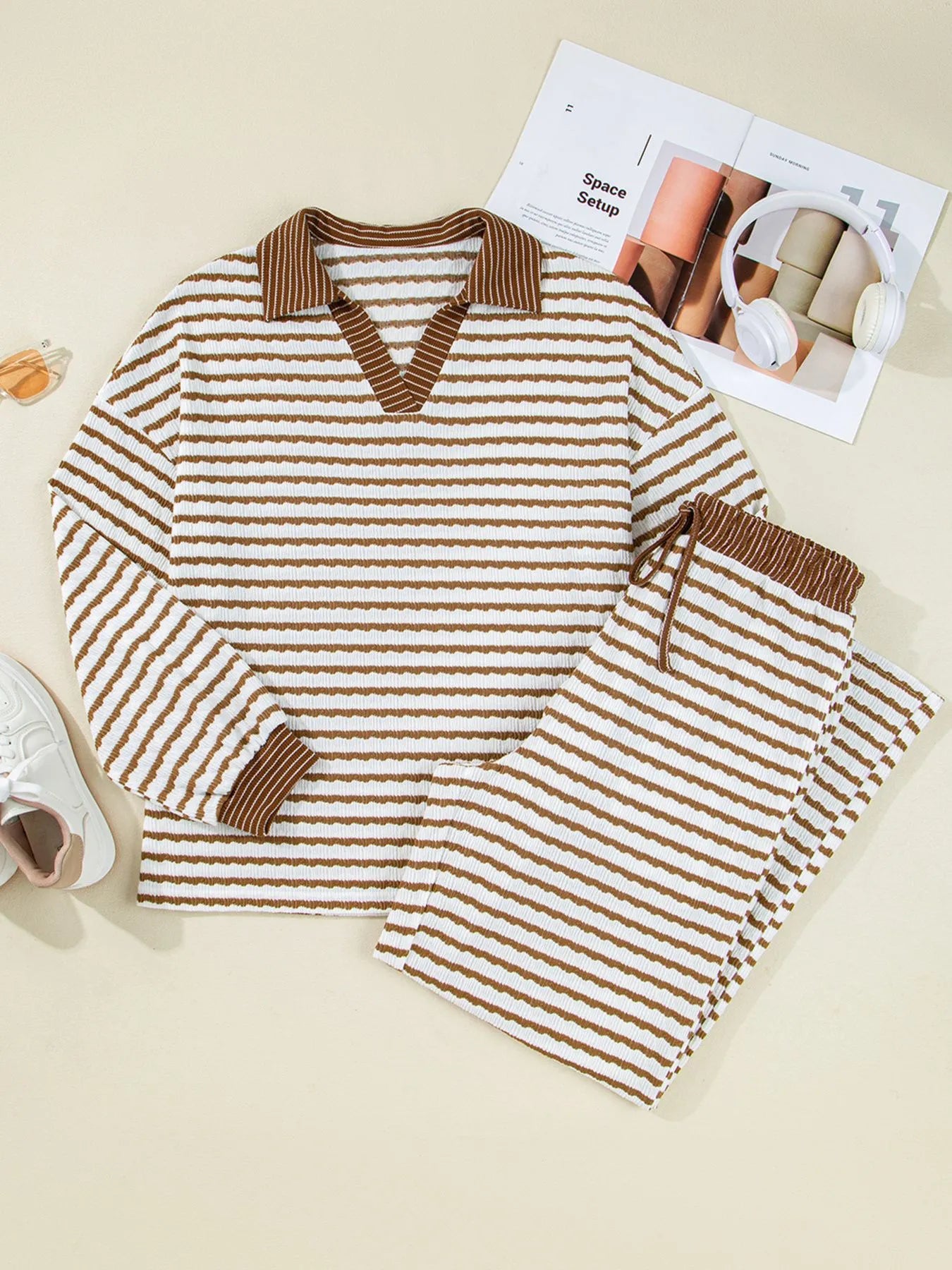 Stripe Collared Top and Drawstring Pant Set - Salt & Stone