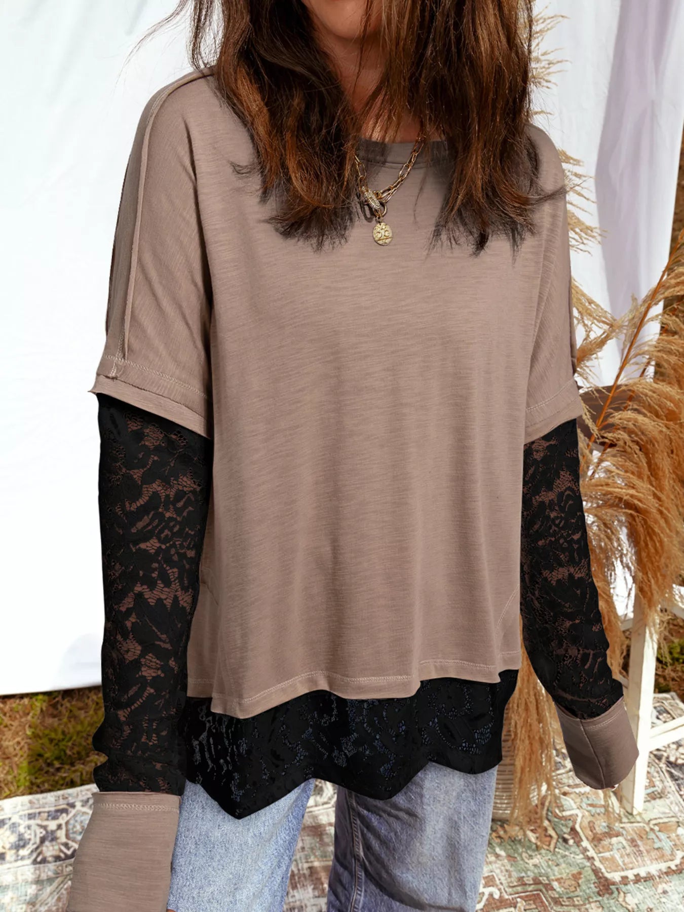 Sheer Lace Patchwork Casual Long Sleeve Tee - Salt & Stone