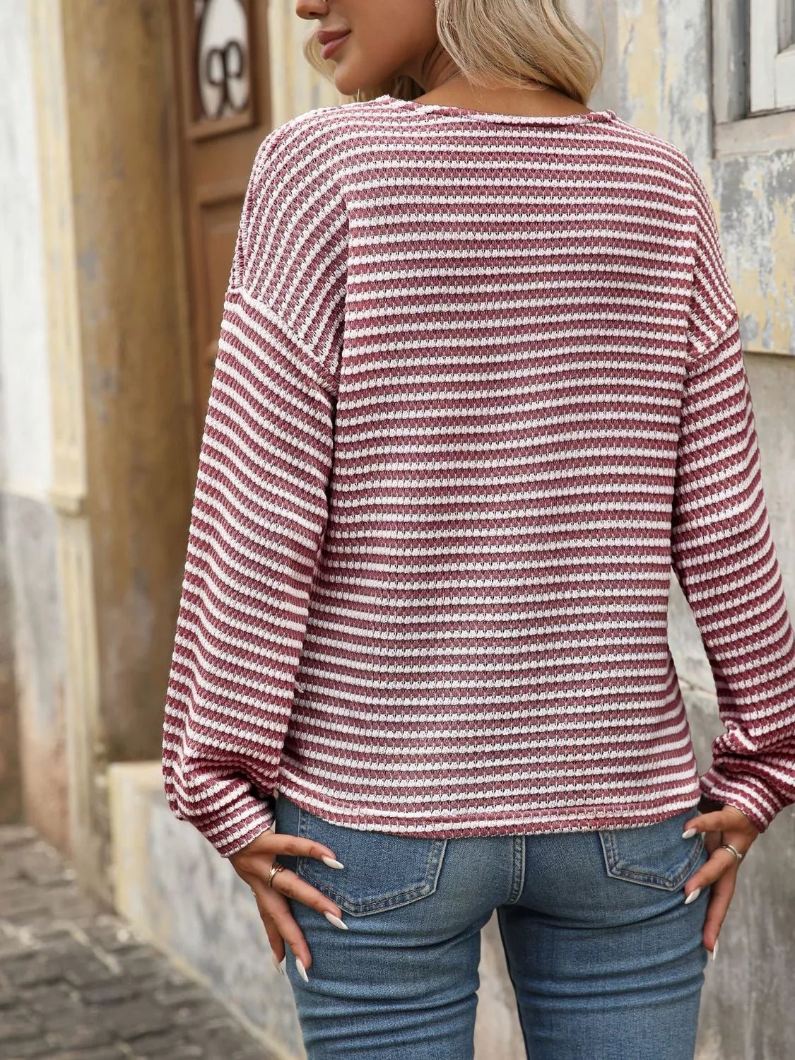 Striped Button Detail Long Sleeve T-Shirt - Salt & Stone