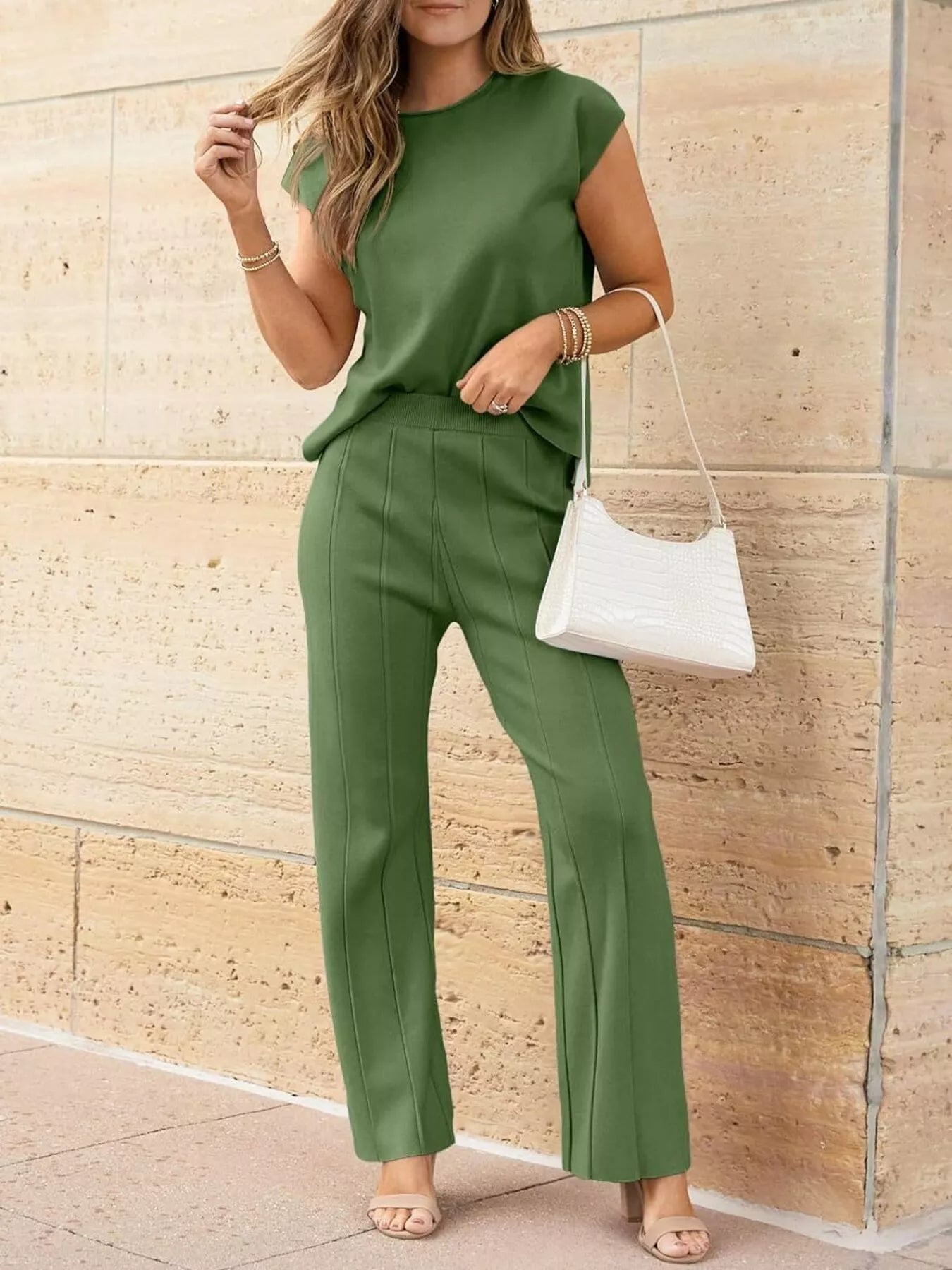 Casual Solid Color Cap Sleeve Top and Pants Knit Set - Salt & Stone