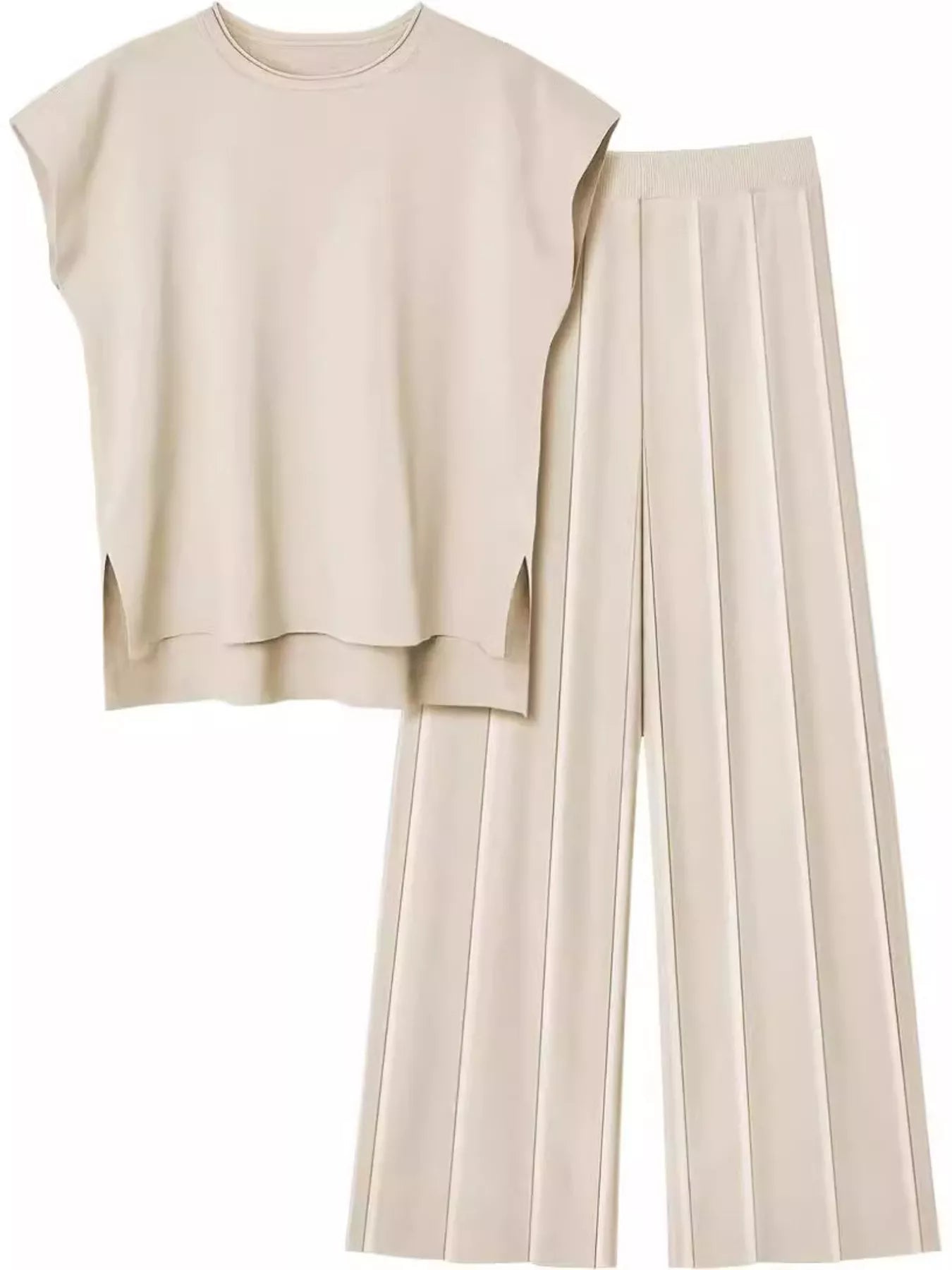 Casual Solid Color Cap Sleeve Top and Pants Knit Set - Salt & Stone