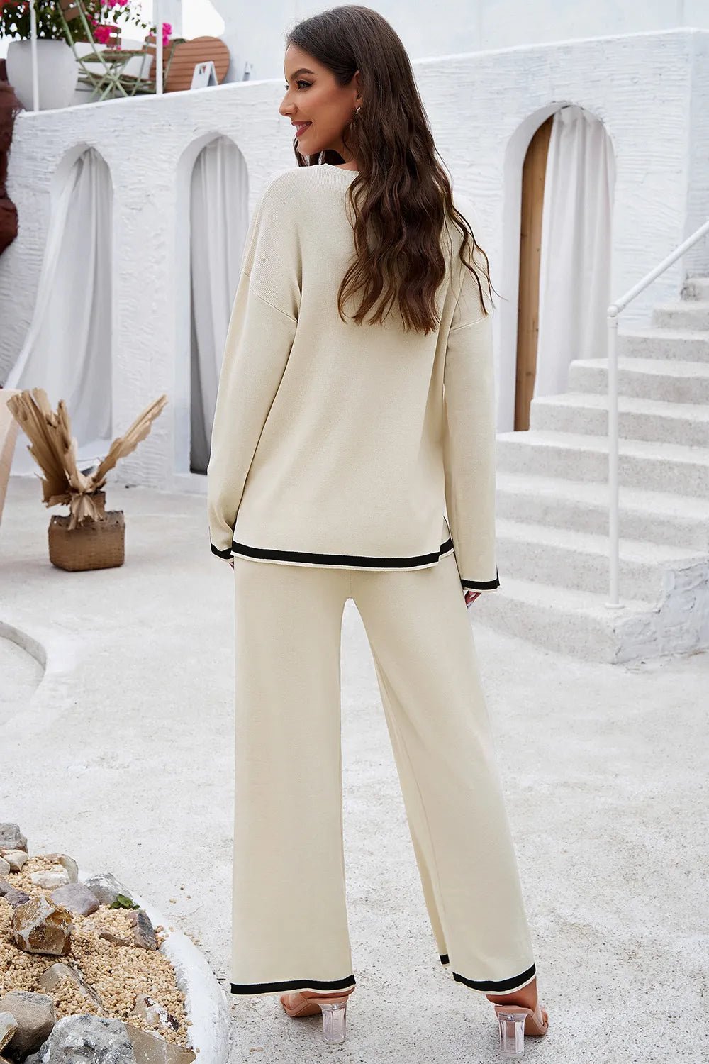 Devine Contrast Trim Round Neck Top and Pants Set - Salt & Stone