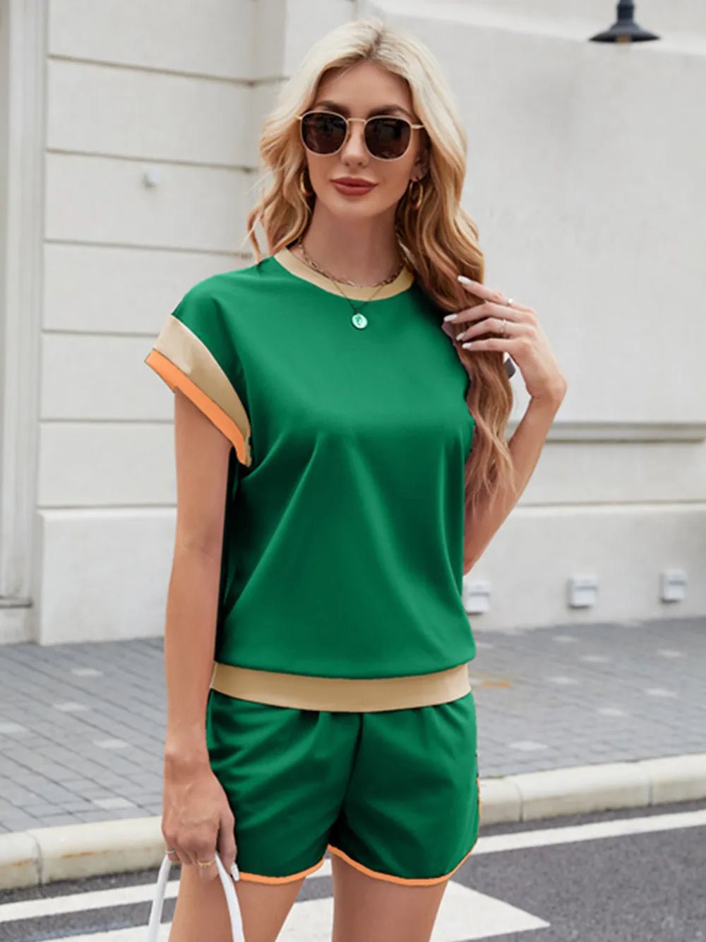 Contrast Round Neck Top and Shorts Set - Salt & Stone