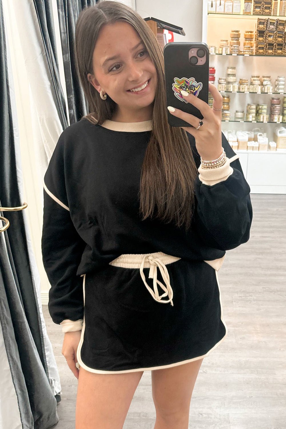 Black Color Contrast Loose Pullover and Lace - up Waist Skort Set - Salt & Stone