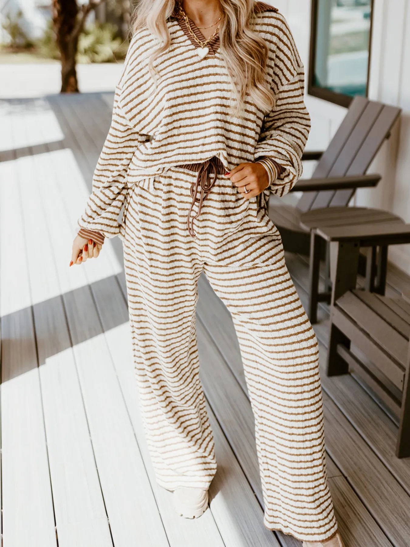 Stripe Collared Top and Drawstring Pant Set - Salt & Stone