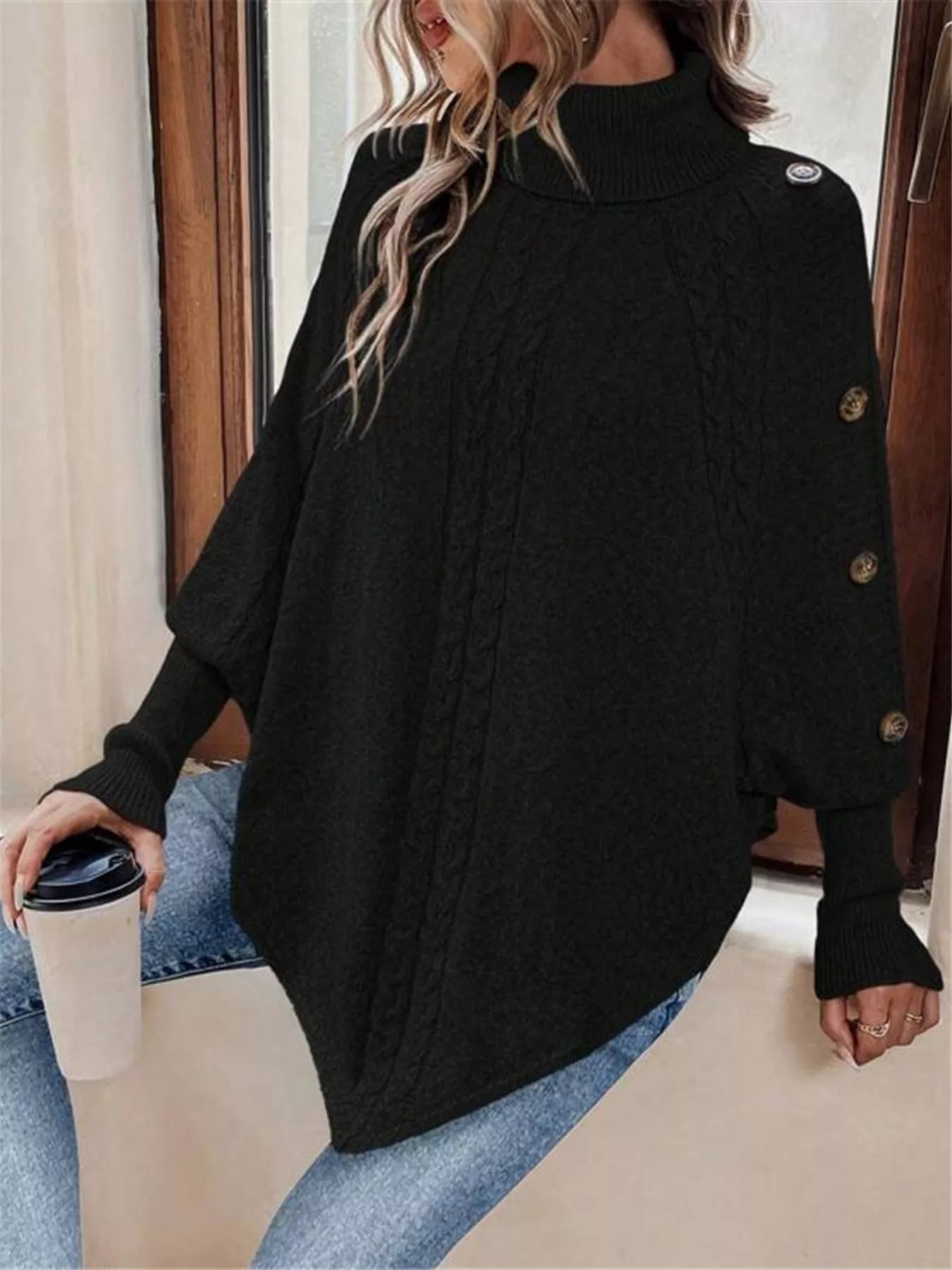 Cable Knit Turtleneck Cape Sweater - Salt & Stone