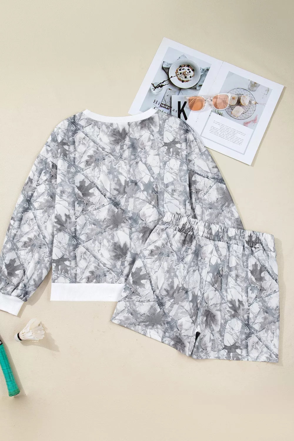 Abstract Woodland Camo Print Baggy Pullover Drawstring Shorts Set - Salt & Stone