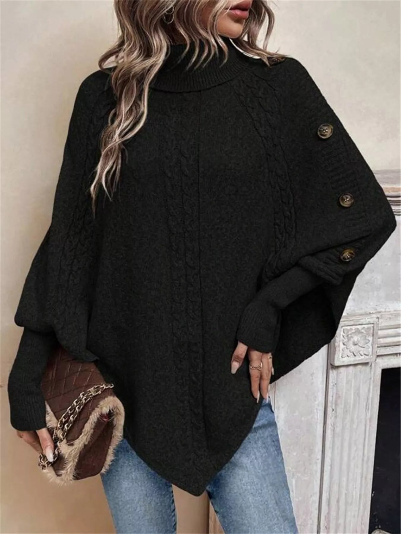 Cable Knit Turtleneck Cape Sweater - Salt & Stone