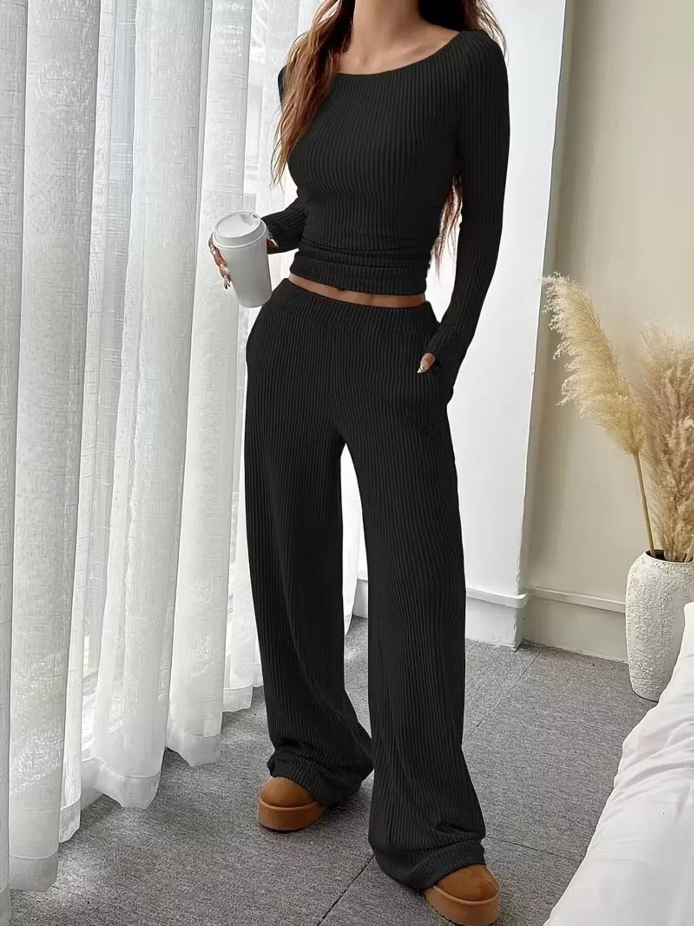 Ribbed Knit Boat Neck Top and Pants Set - Salt & Stone