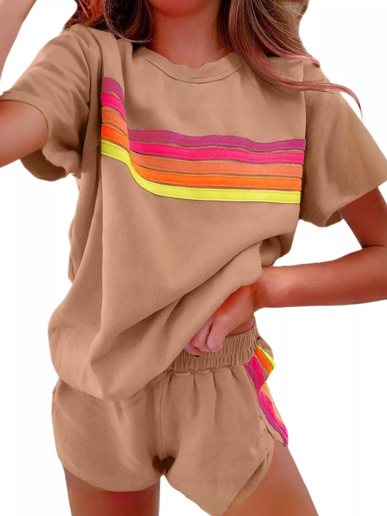 Rainbow Striped Round Neck Top and Shorts Set - Salt & Stone