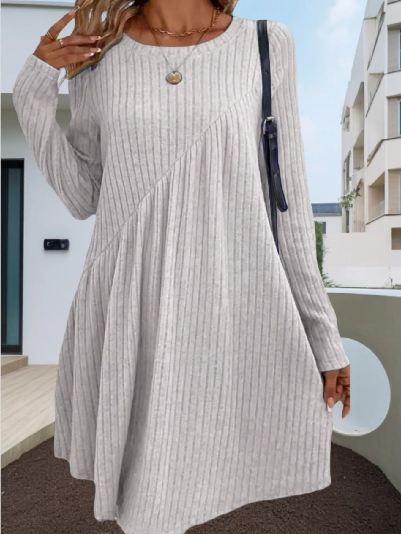 Casual Ribbed Knit Long Sleeve Swing Dress - Salt & Stone