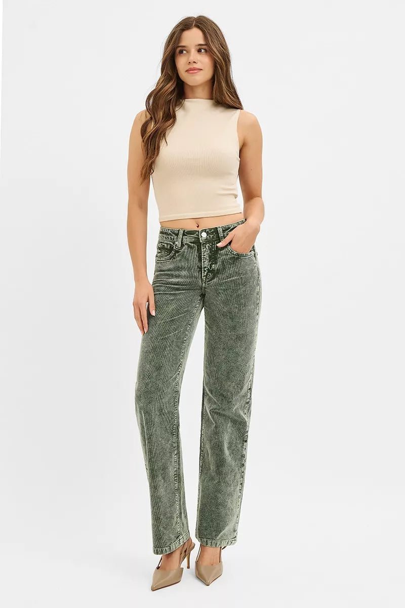 RISEN Tummy Control Mid Rise Straight Leg Corduroy Pants - Salt & Stone