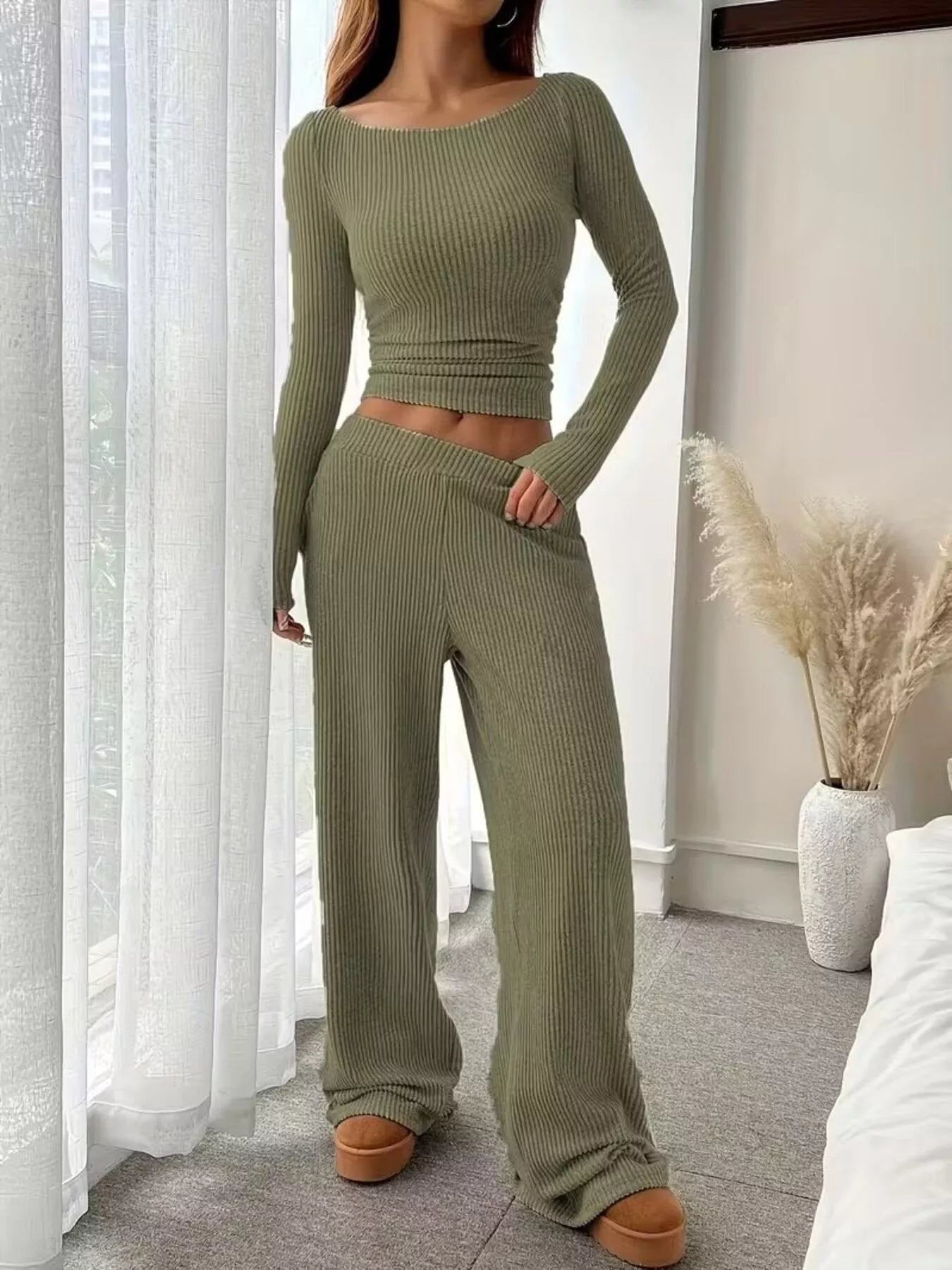 Ribbed Knit Boat Neck Top and Pants Set - Salt & Stone