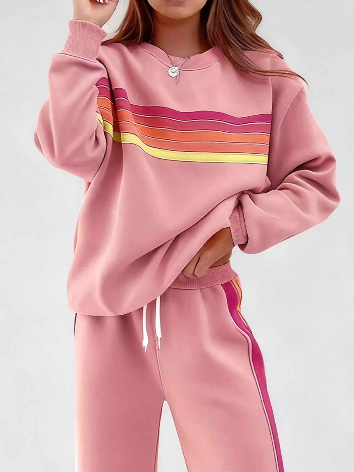 Striped Round Neck Sweatshirt and Pants Set - Salt & Stone