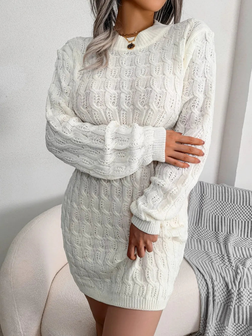 Cable - Knit Round Neck Mini Wrap Sweater Dress - Salt & Stone