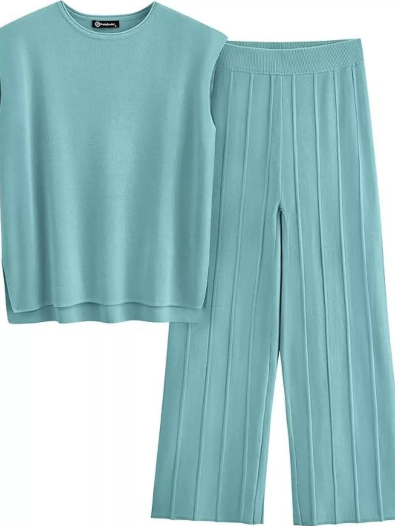 Casual Solid Color Cap Sleeve Top and Pants Knit Set - Salt & Stone