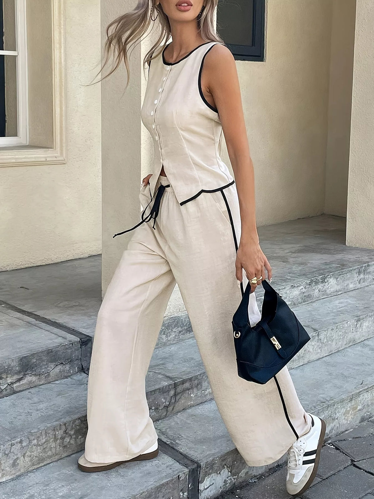 Casual Contrast Trim Tank and Wide Leg Pants Set - Salt & Stone