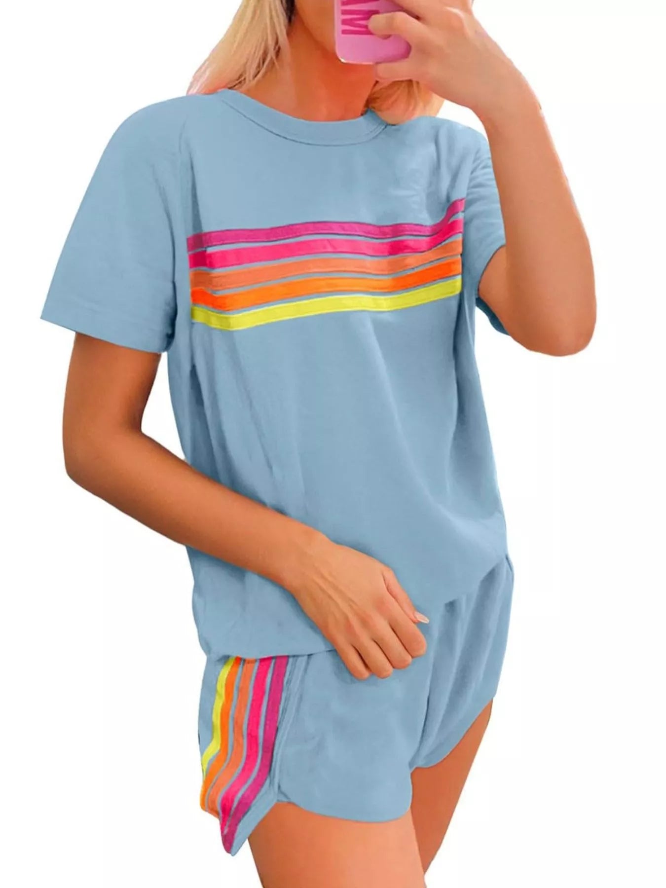 Rainbow Striped Round Neck Top and Shorts Set - Salt & Stone