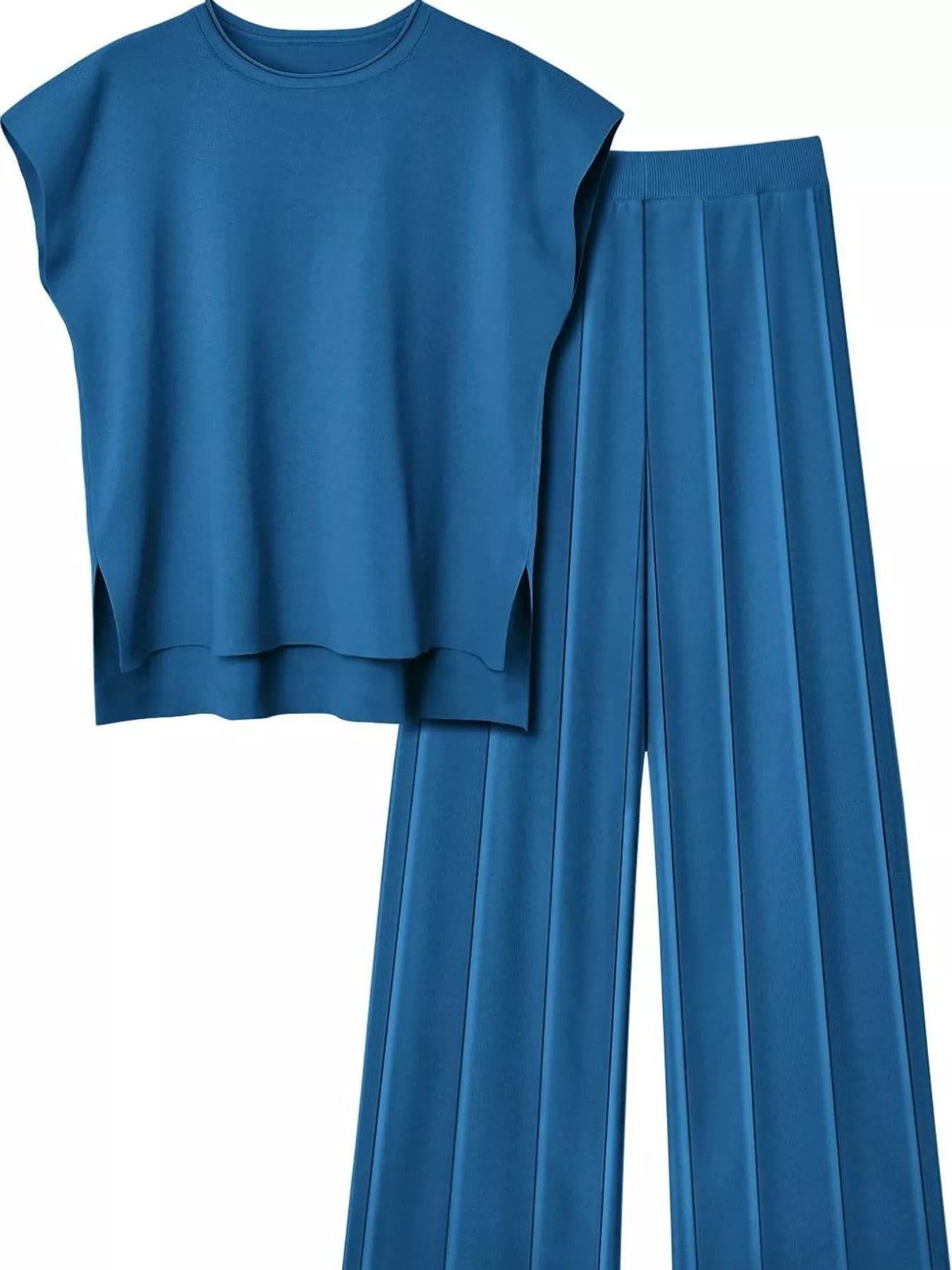Casual Solid Color Cap Sleeve Top and Pants Knit Set - Salt & Stone
