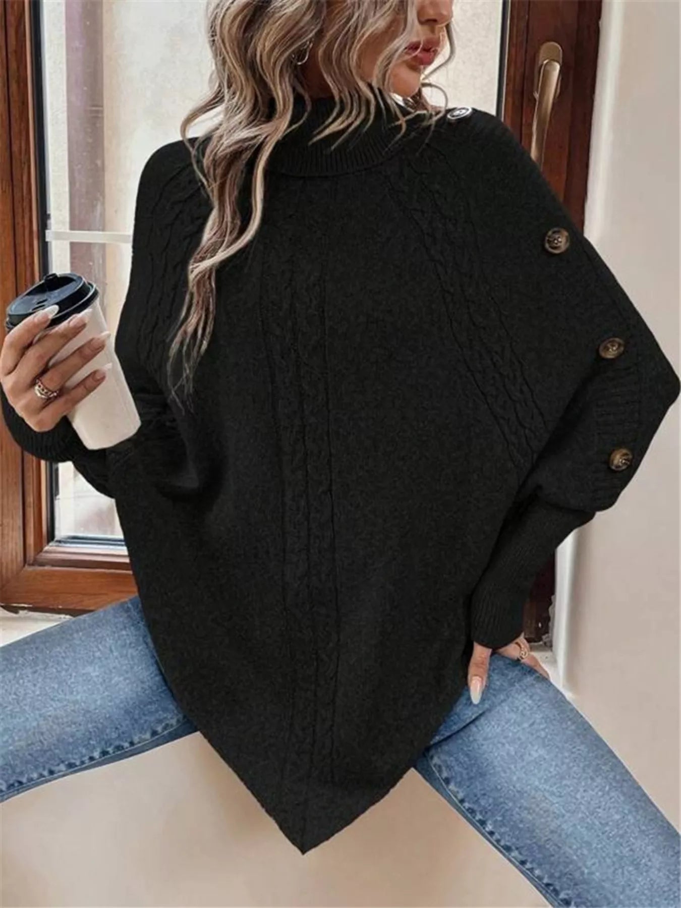 Cable Knit Turtleneck Cape Sweater - Salt & Stone