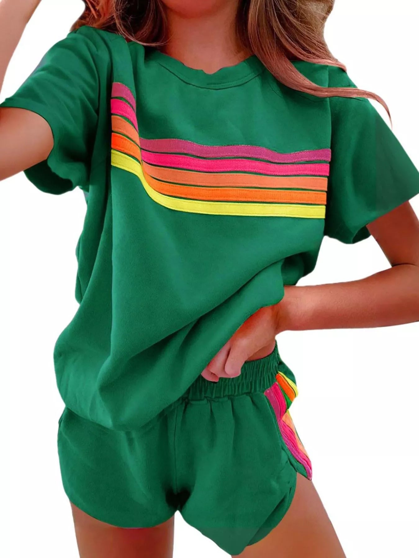 Rainbow Striped Round Neck Top and Shorts Set - Salt & Stone