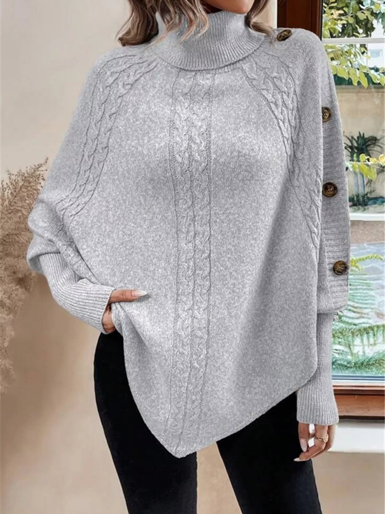 Cable Knit Turtleneck Cape Sweater - Salt & Stone