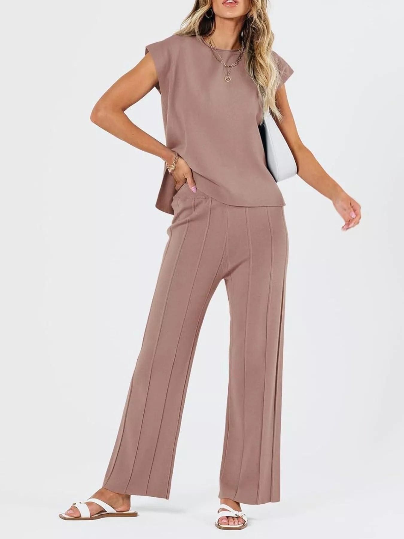Casual Solid Color Cap Sleeve Top and Pants Knit Set - Salt & Stone