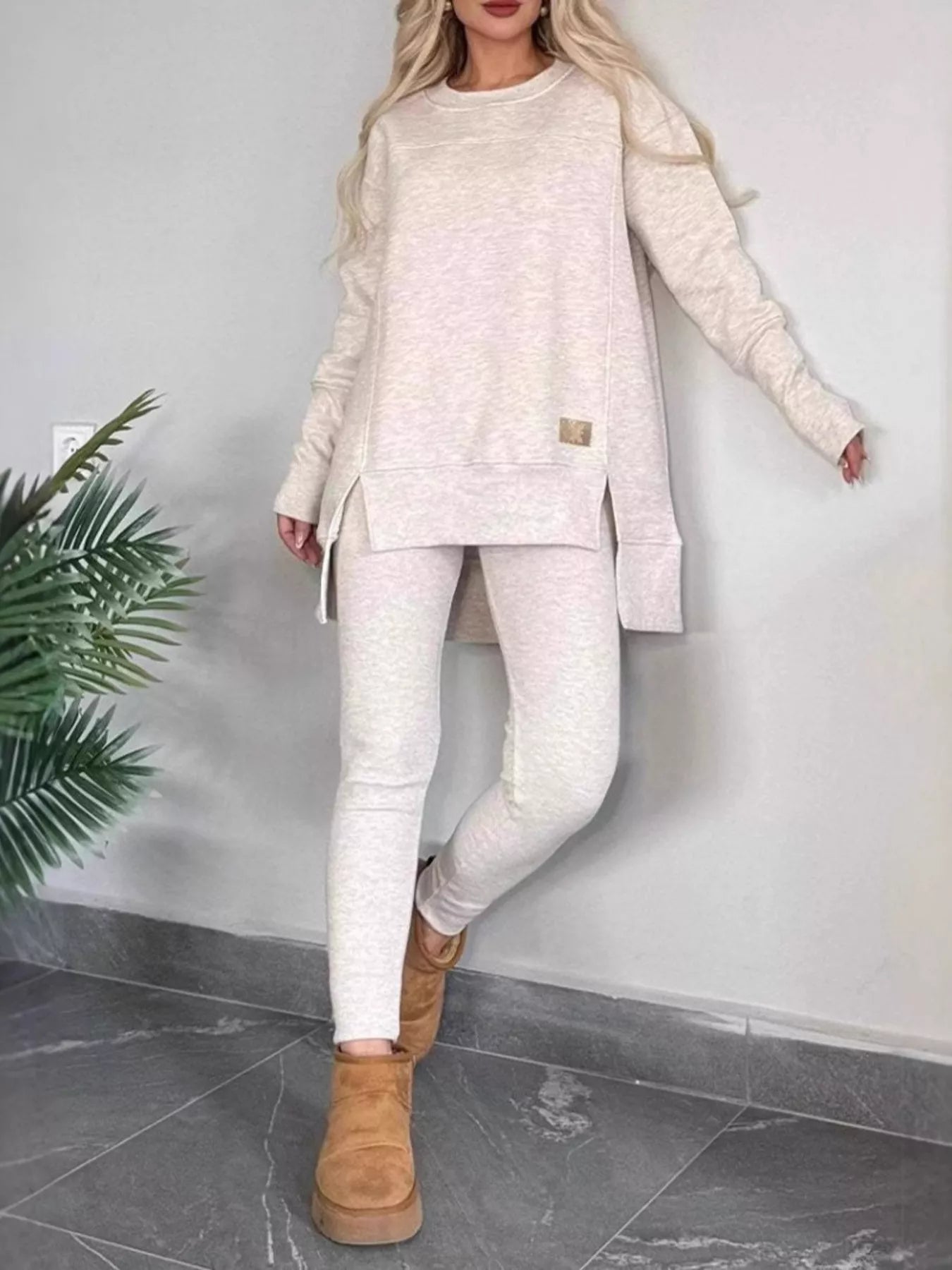 Full Size Slit Round Neck Top and Pants Set Plus Size - Salt & Stone