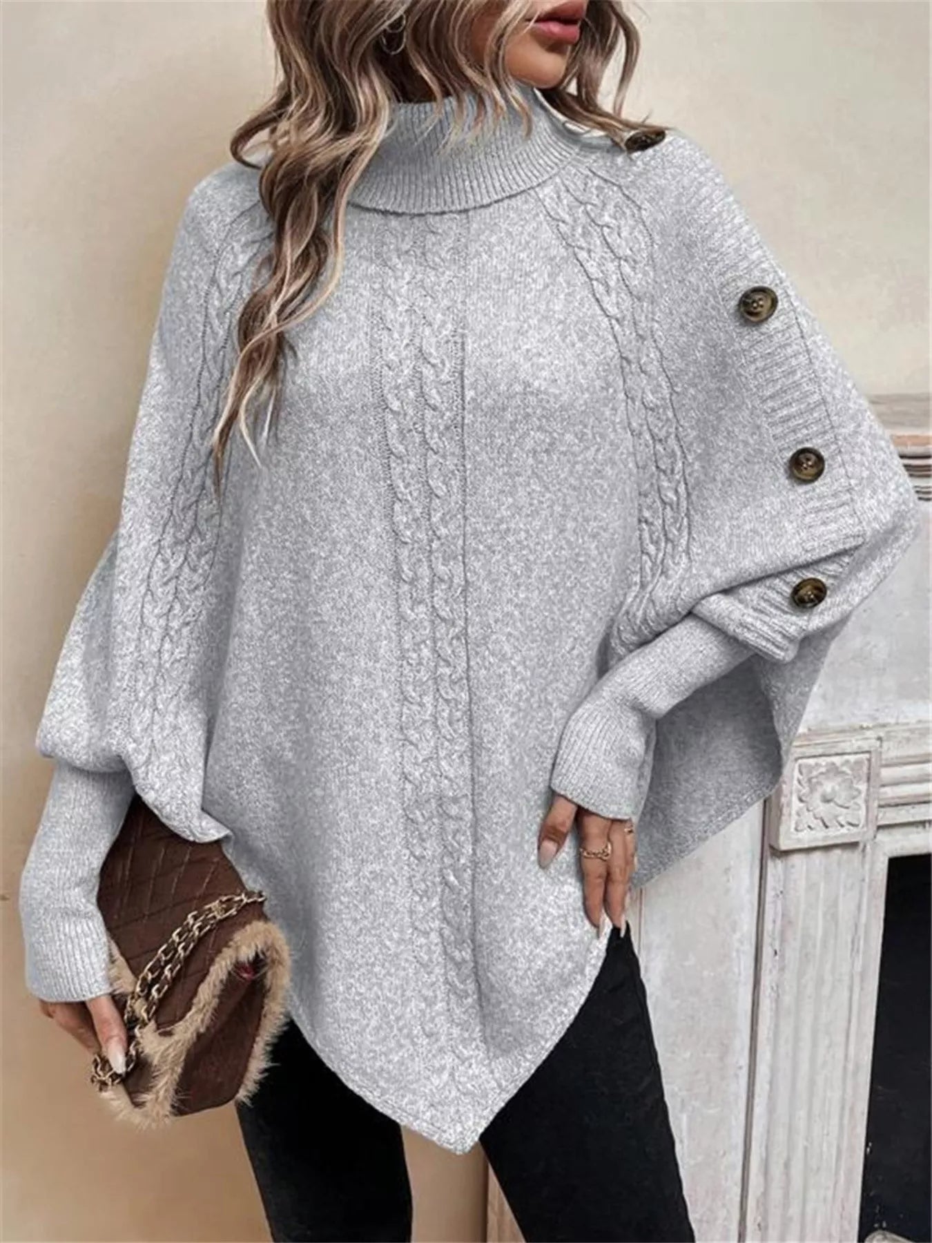 Cable Knit Turtleneck Cape Sweater - Salt & Stone