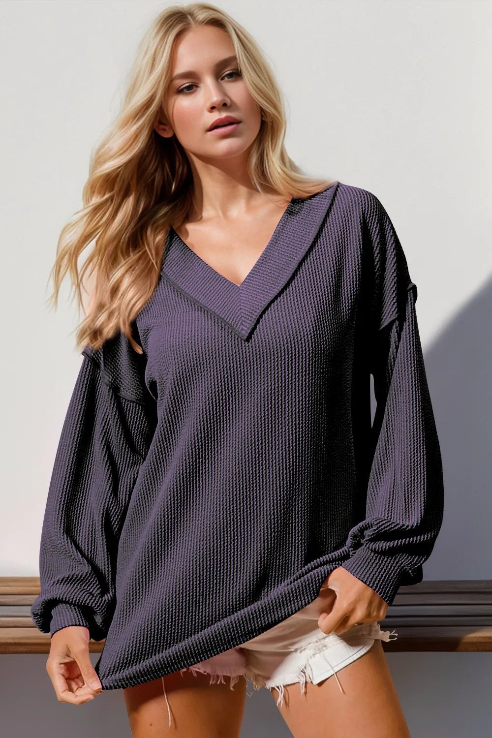 Double Take Exposed Seam Ribbed Textured V - Neck Long Sleeve T-Shirt - Salt & Stone