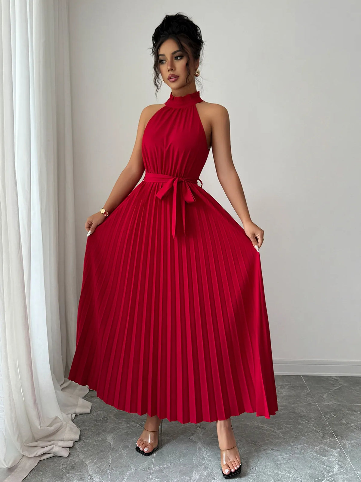 Pleated Halter Neck Tie Waist Maxi Dress - Salt & Stone